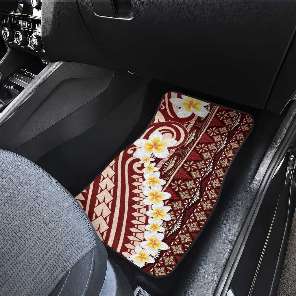 Red Vintage Tonga Ngatu Pattern With Plumeria Car Mats - Polynesian Pride