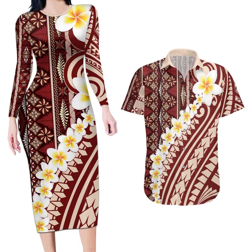 Red Vintage Tonga Ngatu Pattern With Plumeria Couples Matching Long Sleeve Bodycon Dress and Hawaiian Shirt - Polynesian Pride