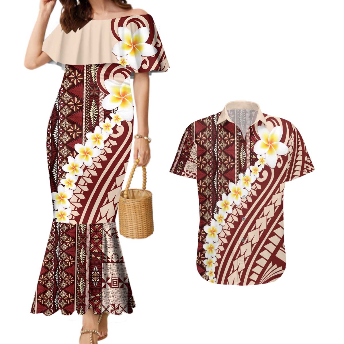 Red Vintage Tonga Ngatu Pattern With Plumeria Couples Matching Mermaid Dress and Hawaiian Shirt - Polynesian Pride