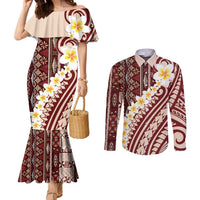 Red Vintage Tonga Ngatu Pattern With Plumeria Couples Matching Mermaid Dress and Long Sleeve Button Shirt - Polynesian Pride