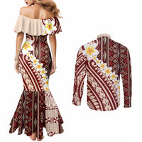 Red Vintage Tonga Ngatu Pattern With Plumeria Couples Matching Mermaid Dress and Long Sleeve Button Shirt - Polynesian Pride