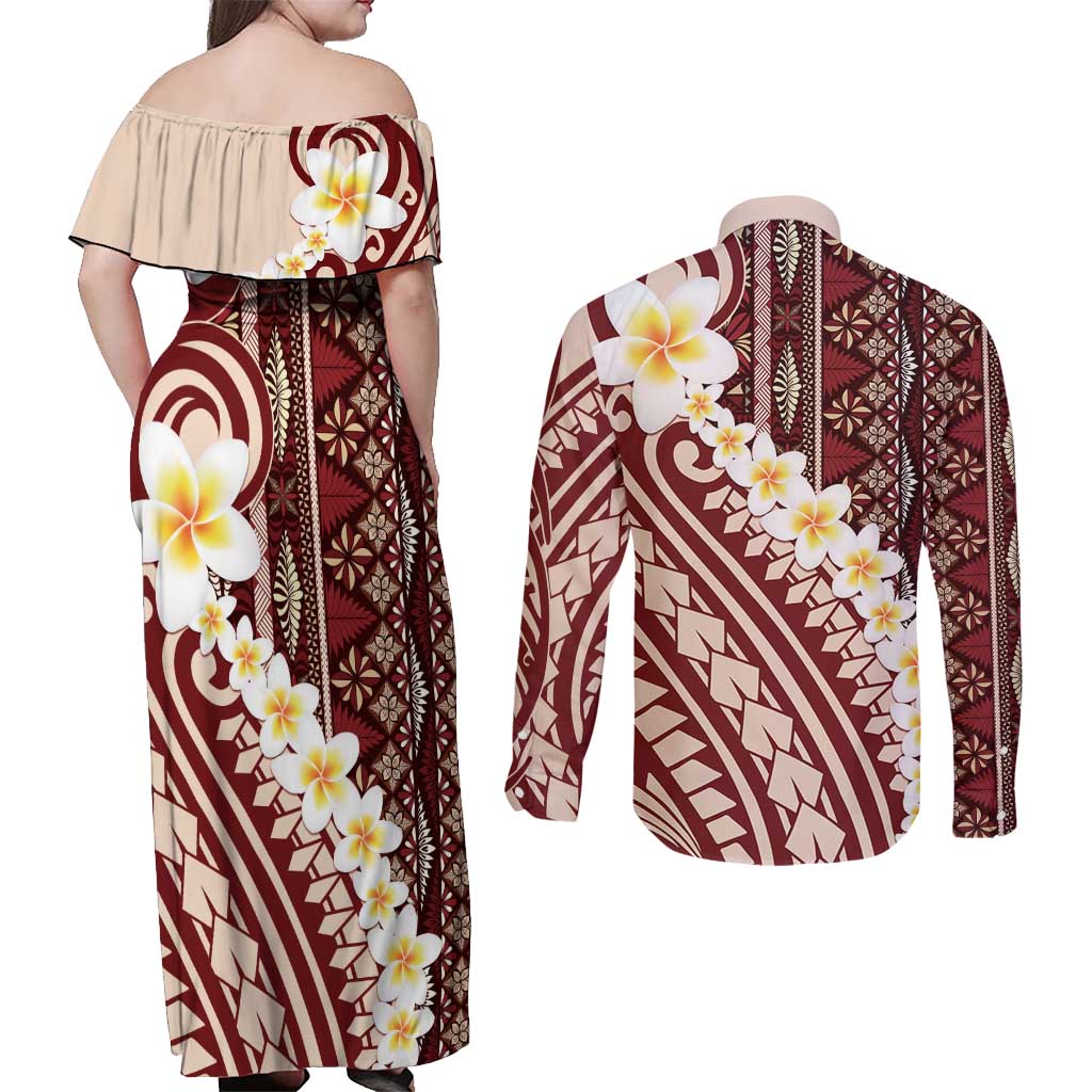 Red Vintage Tonga Ngatu Pattern With Plumeria Couples Matching Off Shoulder Maxi Dress and Long Sleeve Button Shirt - Polynesian Pride
