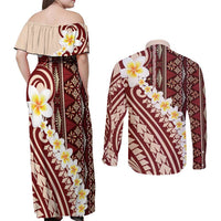 Red Vintage Tonga Ngatu Pattern With Plumeria Couples Matching Off Shoulder Maxi Dress and Long Sleeve Button Shirt - Polynesian Pride