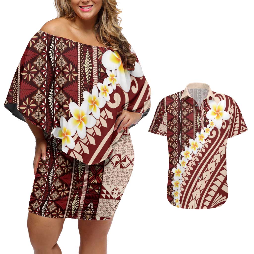 Red Vintage Tonga Ngatu Pattern With Plumeria Couples Matching Off Shoulder Short Dress and Hawaiian Shirt - Polynesian Pride