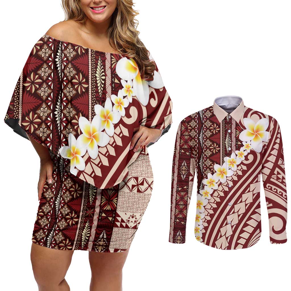 Red Vintage Tonga Ngatu Pattern With Plumeria Couples Matching Off Shoulder Short Dress and Long Sleeve Button Shirt - Polynesian Pride
