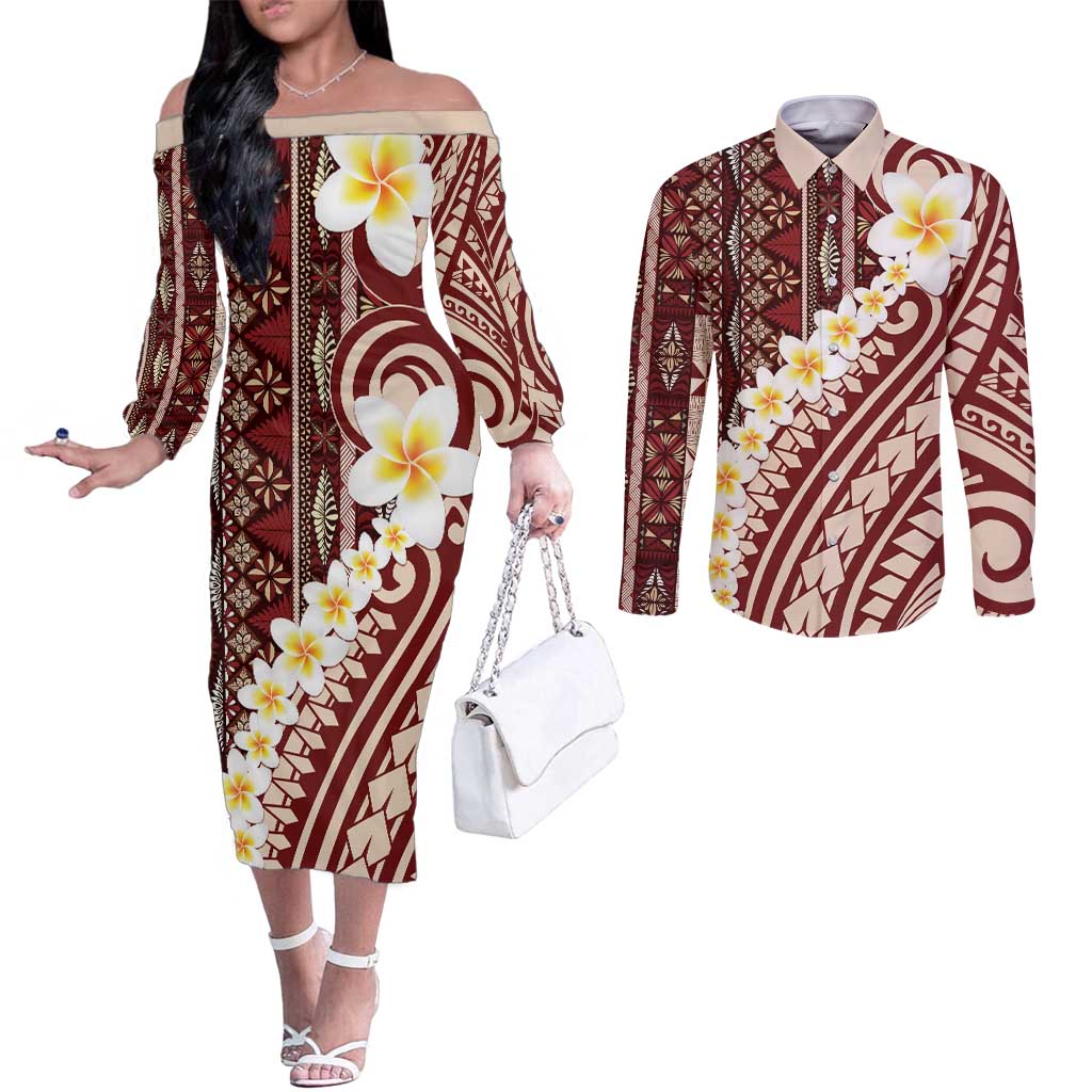 Red Vintage Tonga Ngatu Pattern With Plumeria Couples Matching Off The Shoulder Long Sleeve Dress and Long Sleeve Button Shirt - Polynesian Pride