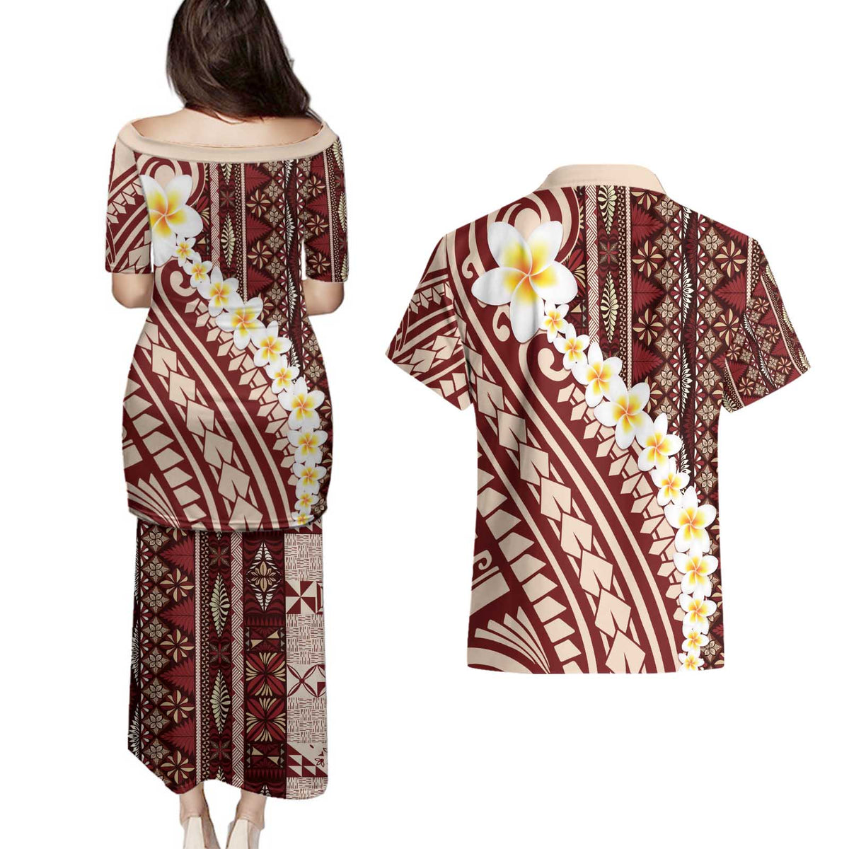 Red Vintage Tonga Ngatu Pattern With Plumeria Couples Matching Puletasi and Hawaiian Shirt - Polynesian Pride