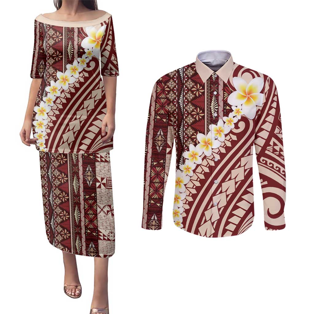 Red Vintage Tonga Ngatu Pattern With Plumeria Couples Matching Puletasi and Long Sleeve Button Shirt - Polynesian Pride