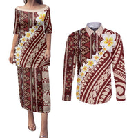 Red Vintage Tonga Ngatu Pattern With Plumeria Couples Matching Puletasi and Long Sleeve Button Shirt - Polynesian Pride