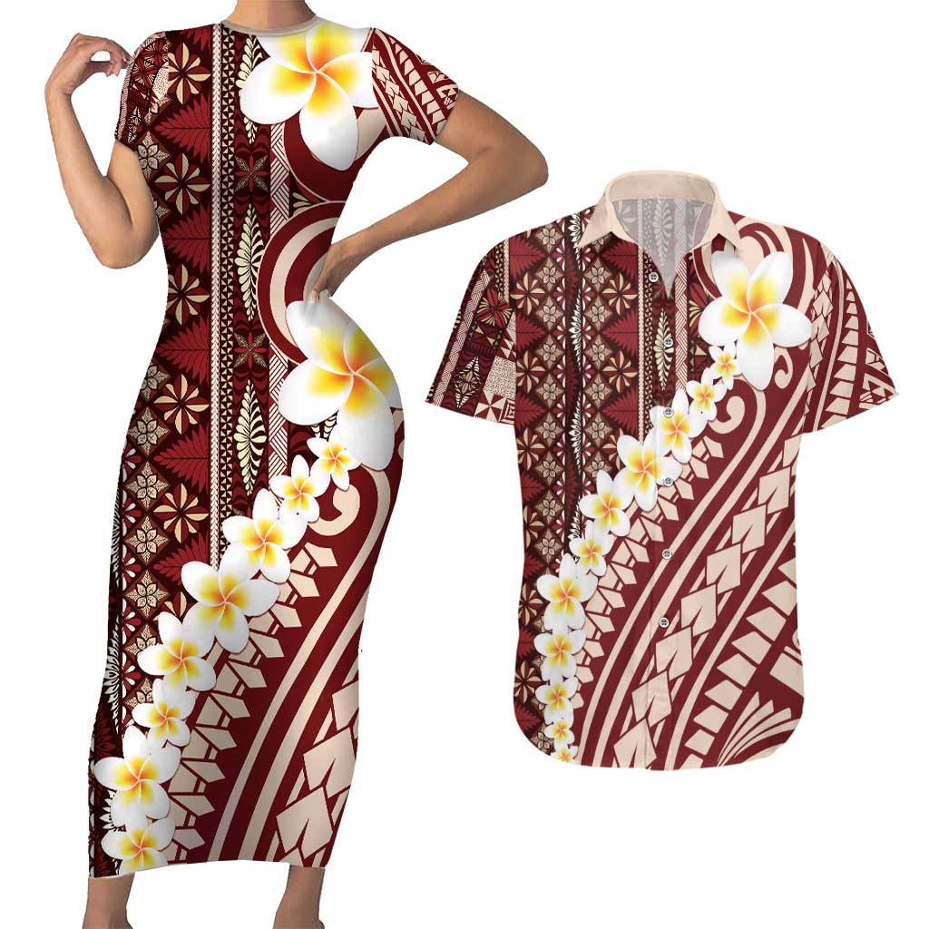 Red Vintage Tonga Ngatu Pattern With Plumeria Couples Matching Short Sleeve Bodycon Dress and Hawaiian Shirt - Polynesian Pride
