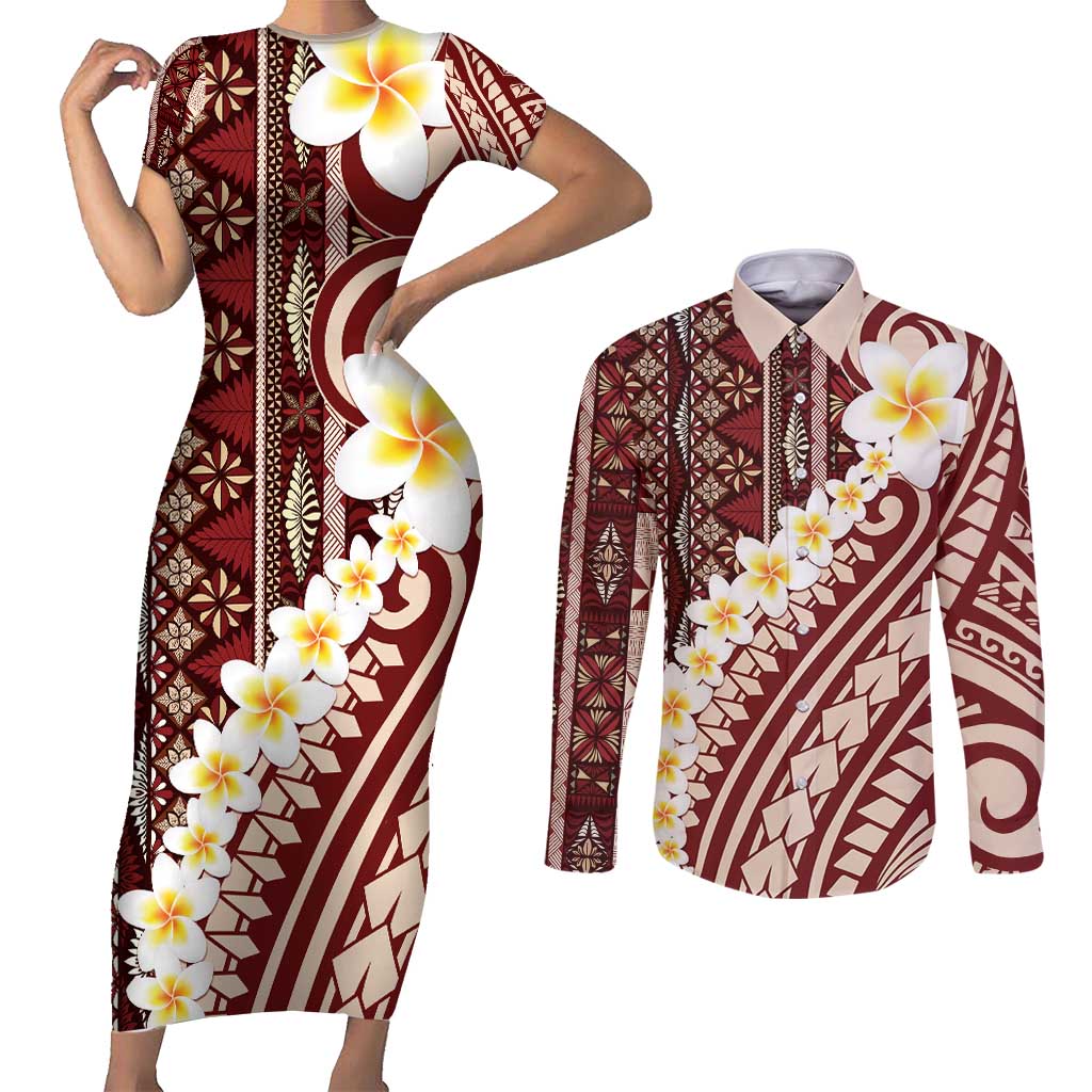Red Vintage Tonga Ngatu Pattern With Plumeria Couples Matching Short Sleeve Bodycon Dress and Long Sleeve Button Shirt - Polynesian Pride