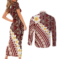Red Vintage Tonga Ngatu Pattern With Plumeria Couples Matching Short Sleeve Bodycon Dress and Long Sleeve Button Shirt - Polynesian Pride