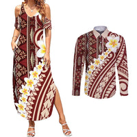 Red Vintage Tonga Ngatu Pattern With Plumeria Couples Matching Summer Maxi Dress and Long Sleeve Button Shirt - Polynesian Pride