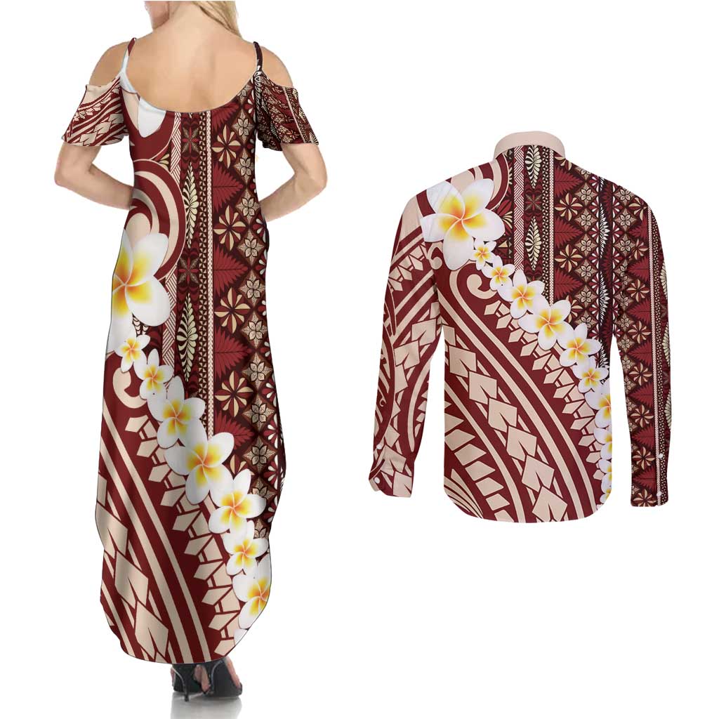 Red Vintage Tonga Ngatu Pattern With Plumeria Couples Matching Summer Maxi Dress and Long Sleeve Button Shirt - Polynesian Pride
