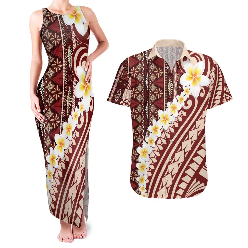 Red Vintage Tonga Ngatu Pattern With Plumeria Couples Matching Tank Maxi Dress and Hawaiian Shirt - Polynesian Pride
