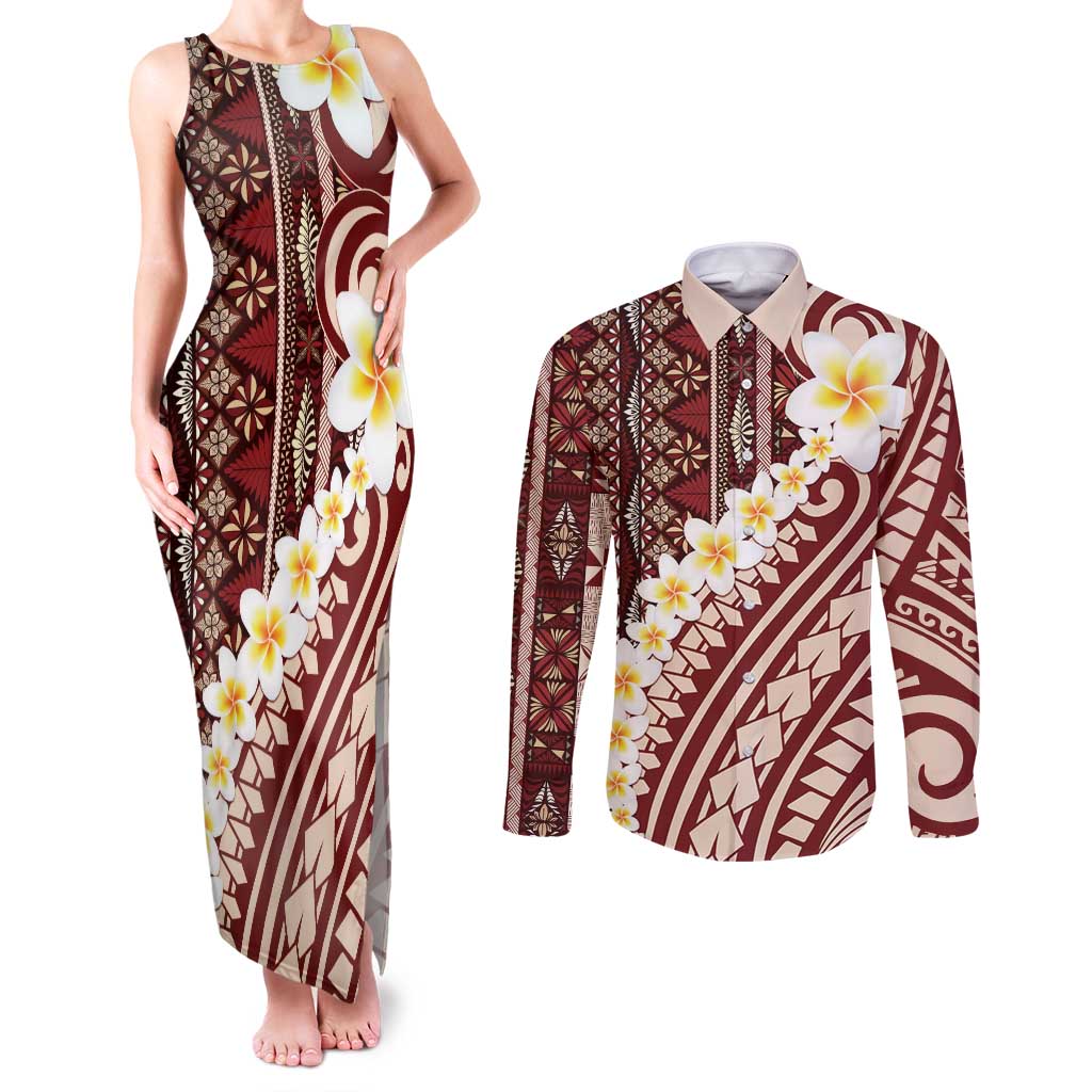 Red Vintage Tonga Ngatu Pattern With Plumeria Couples Matching Tank Maxi Dress and Long Sleeve Button Shirt - Polynesian Pride