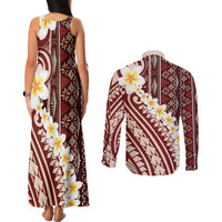 Red Vintage Tonga Ngatu Pattern With Plumeria Couples Matching Tank Maxi Dress and Long Sleeve Button Shirt - Polynesian Pride