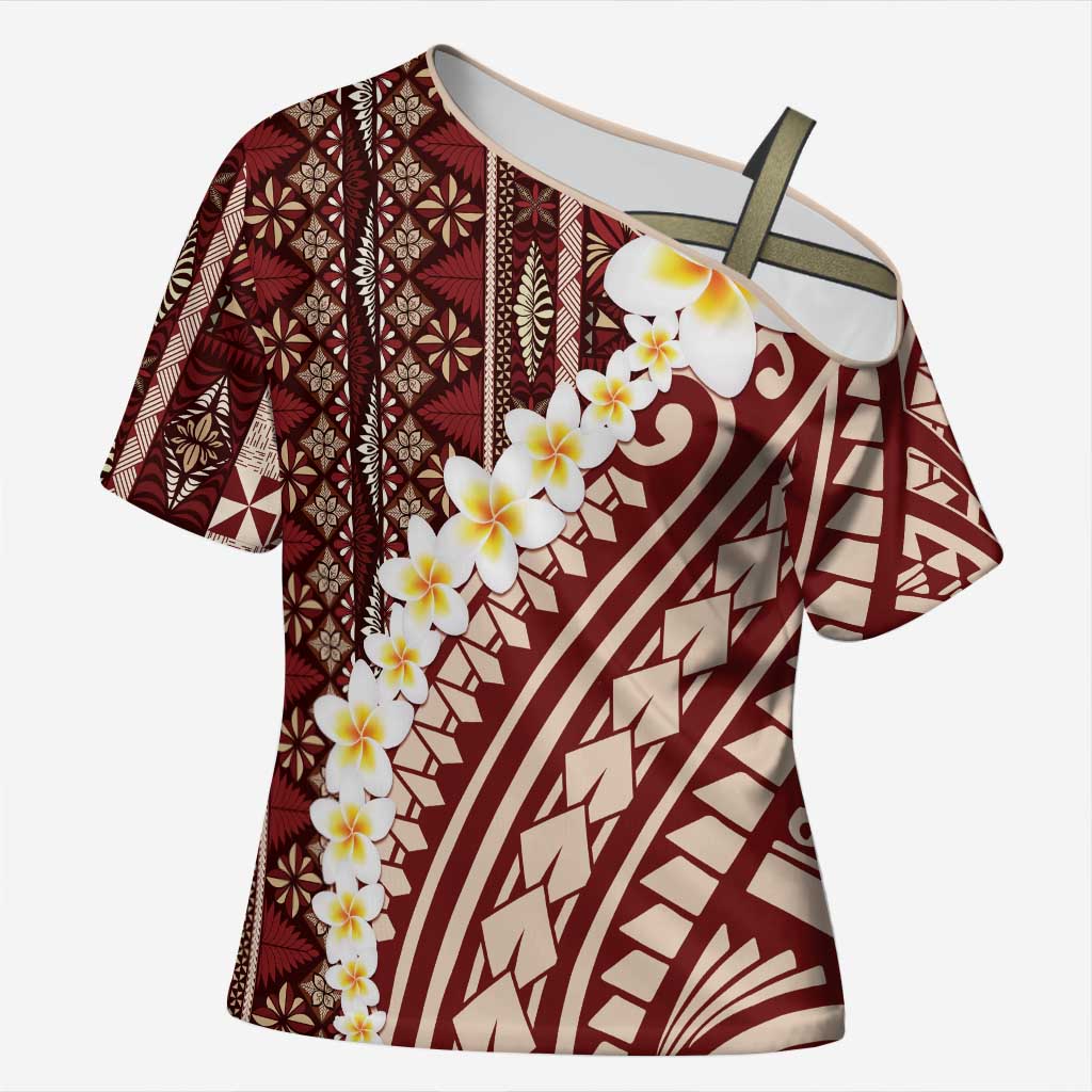 Red Vintage Tonga Ngatu Pattern With Plumeria Cross Shoulder Shirt - Polynesian Pride