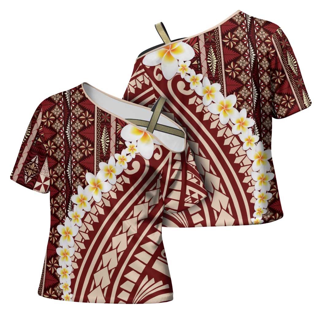 Red Vintage Tonga Ngatu Pattern With Plumeria Cross Shoulder Shirt - Polynesian Pride