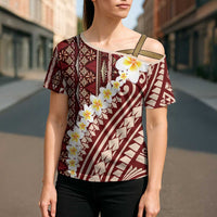 Red Vintage Tonga Ngatu Pattern With Plumeria Cross Shoulder Shirt - Polynesian Pride