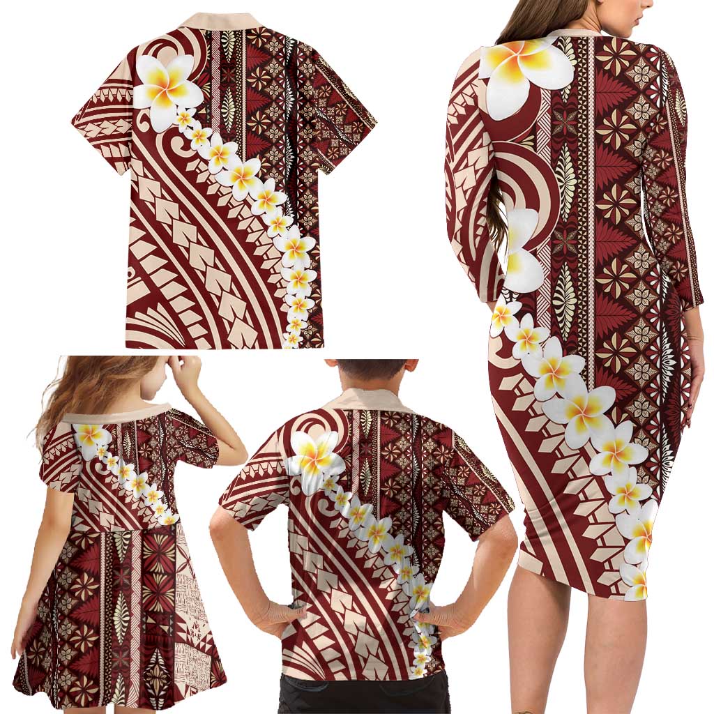 Red Vintage Tonga Ngatu Pattern With Plumeria Family Matching Long Sleeve Bodycon Dress and Hawaiian Shirt - Polynesian Pride