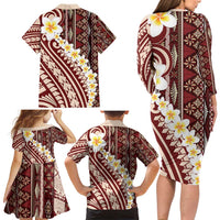 Red Vintage Tonga Ngatu Pattern With Plumeria Family Matching Long Sleeve Bodycon Dress and Hawaiian Shirt - Polynesian Pride