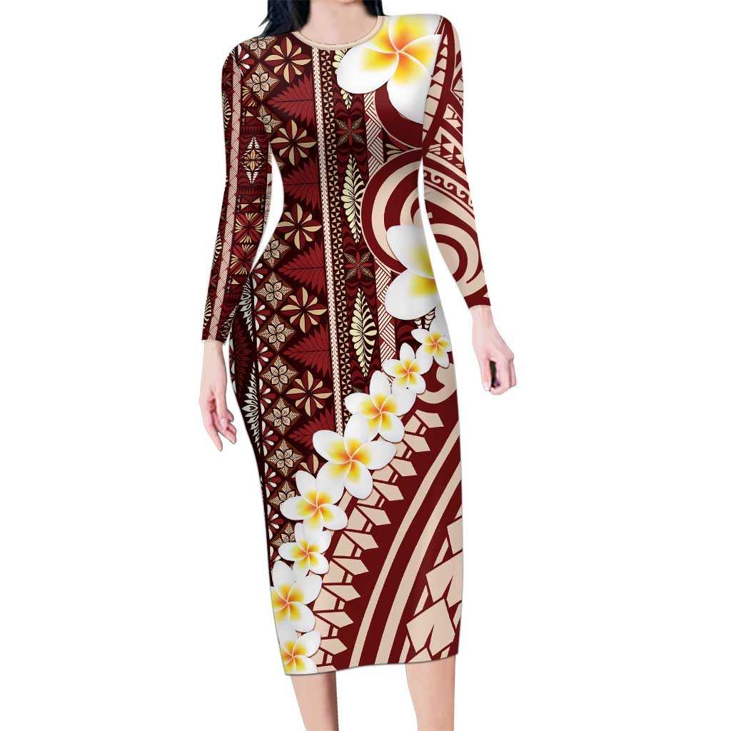 Red Vintage Tonga Ngatu Pattern With Plumeria Family Matching Long Sleeve Bodycon Dress and Hawaiian Shirt - Polynesian Pride