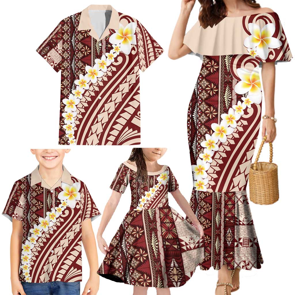 Red Vintage Tonga Ngatu Pattern With Plumeria Family Matching Mermaid Dress and Hawaiian Shirt - Polynesian Pride