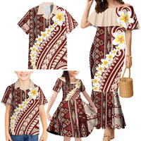 Red Vintage Tonga Ngatu Pattern With Plumeria Family Matching Mermaid Dress and Hawaiian Shirt - Polynesian Pride