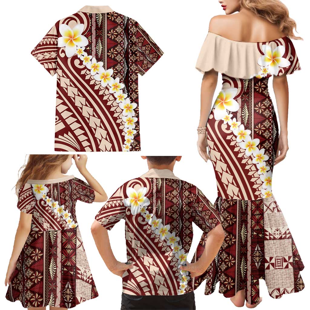 Red Vintage Tonga Ngatu Pattern With Plumeria Family Matching Mermaid Dress and Hawaiian Shirt - Polynesian Pride