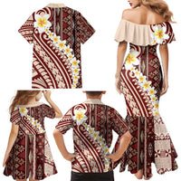 Red Vintage Tonga Ngatu Pattern With Plumeria Family Matching Mermaid Dress and Hawaiian Shirt - Polynesian Pride