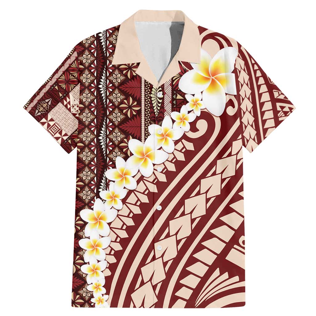 Red Vintage Tonga Ngatu Pattern With Plumeria Family Matching Mermaid Dress and Hawaiian Shirt - Polynesian Pride