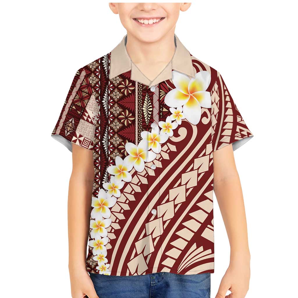 Red Vintage Tonga Ngatu Pattern With Plumeria Family Matching Mermaid Dress and Hawaiian Shirt - Polynesian Pride