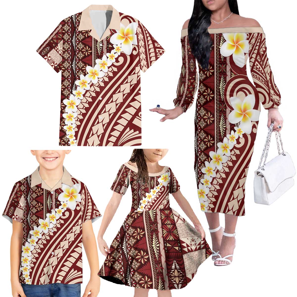 Red Vintage Tonga Ngatu Pattern With Plumeria Family Matching Off The Shoulder Long Sleeve Dress and Hawaiian Shirt - Polynesian Pride