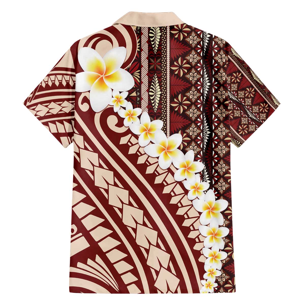 Red Vintage Tonga Ngatu Pattern With Plumeria Family Matching Off The Shoulder Long Sleeve Dress and Hawaiian Shirt - Polynesian Pride