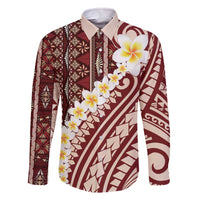 Red Vintage Tonga Ngatu Pattern With Plumeria Family Matching Off The Shoulder Long Sleeve Dress and Hawaiian Shirt - Polynesian Pride