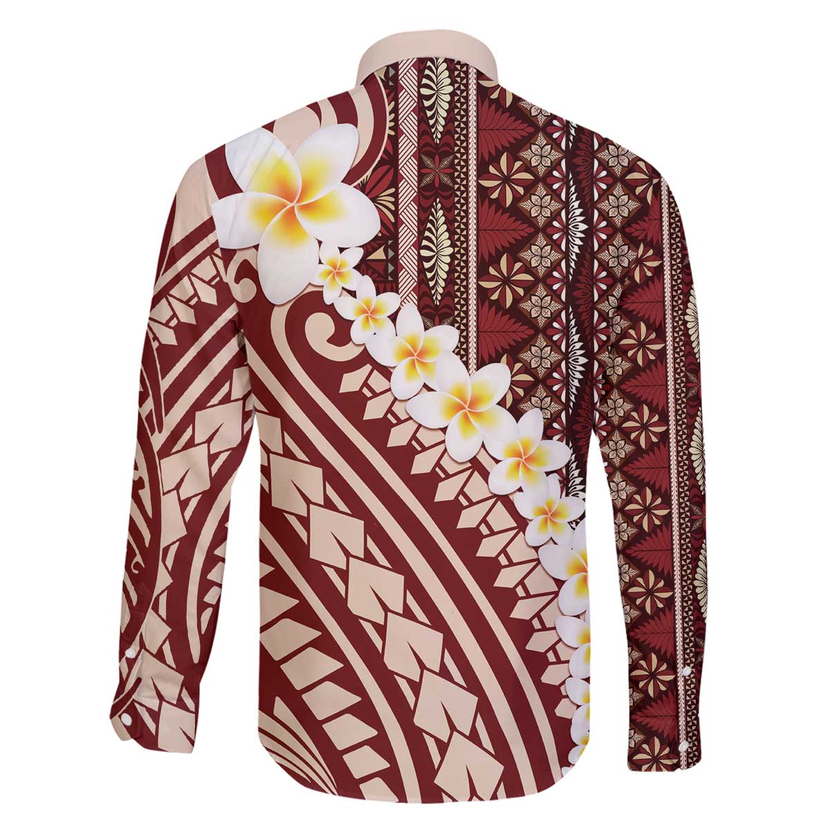 Red Vintage Tonga Ngatu Pattern With Plumeria Family Matching Off The Shoulder Long Sleeve Dress and Hawaiian Shirt - Polynesian Pride
