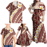 Red Vintage Tonga Ngatu Pattern With Plumeria Family Matching Off Shoulder Maxi Dress and Hawaiian Shirt - Polynesian Pride