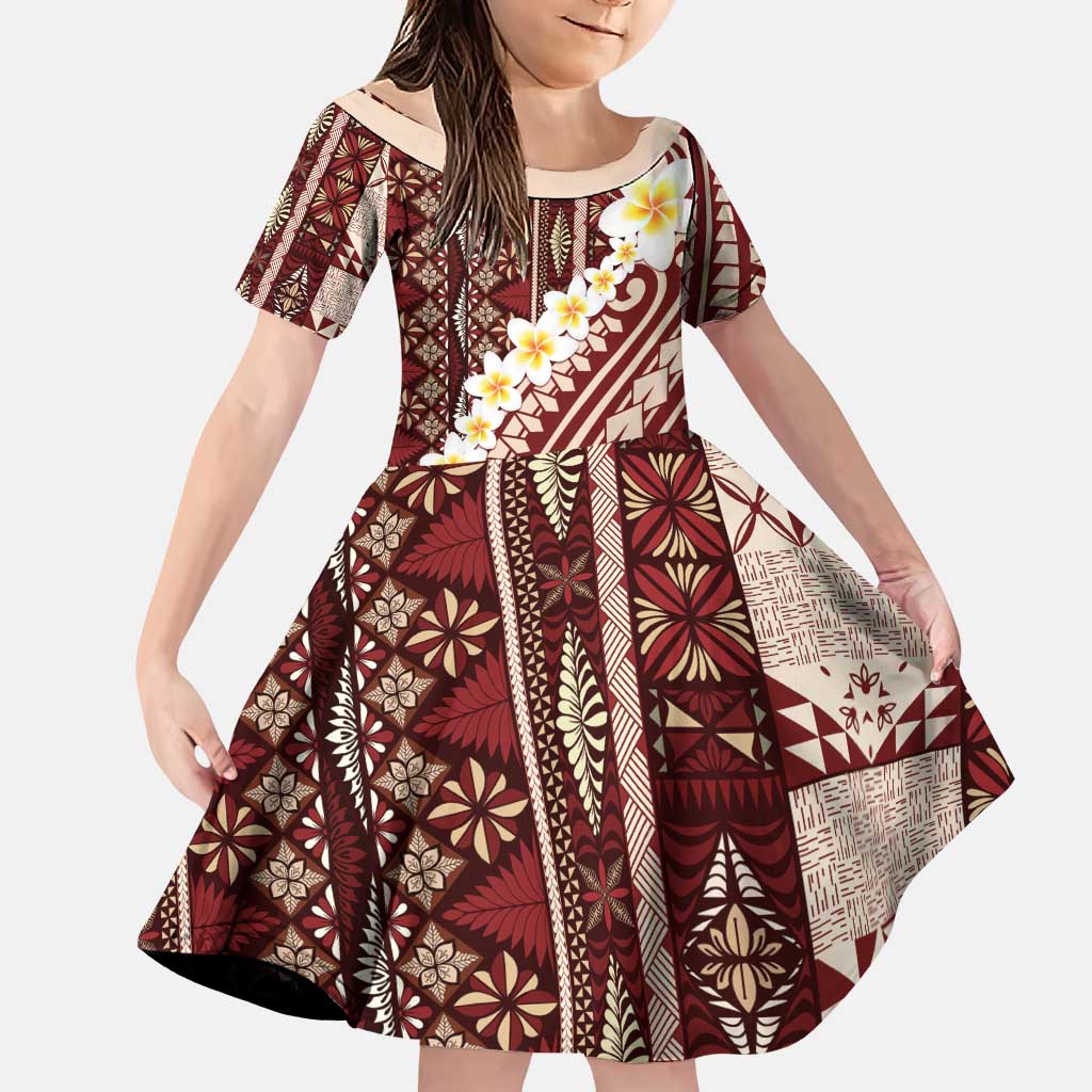 Red Vintage Tonga Ngatu Pattern With Plumeria Family Matching Puletasi and Hawaiian Shirt - Polynesian Pride