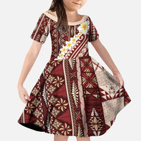 Red Vintage Tonga Ngatu Pattern With Plumeria Family Matching Puletasi and Hawaiian Shirt - Polynesian Pride