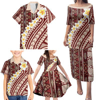Red Vintage Tonga Ngatu Pattern With Plumeria Family Matching Puletasi and Hawaiian Shirt - Polynesian Pride