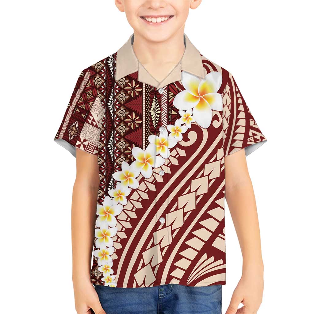 Red Vintage Tonga Ngatu Pattern With Plumeria Family Matching Puletasi and Hawaiian Shirt - Polynesian Pride
