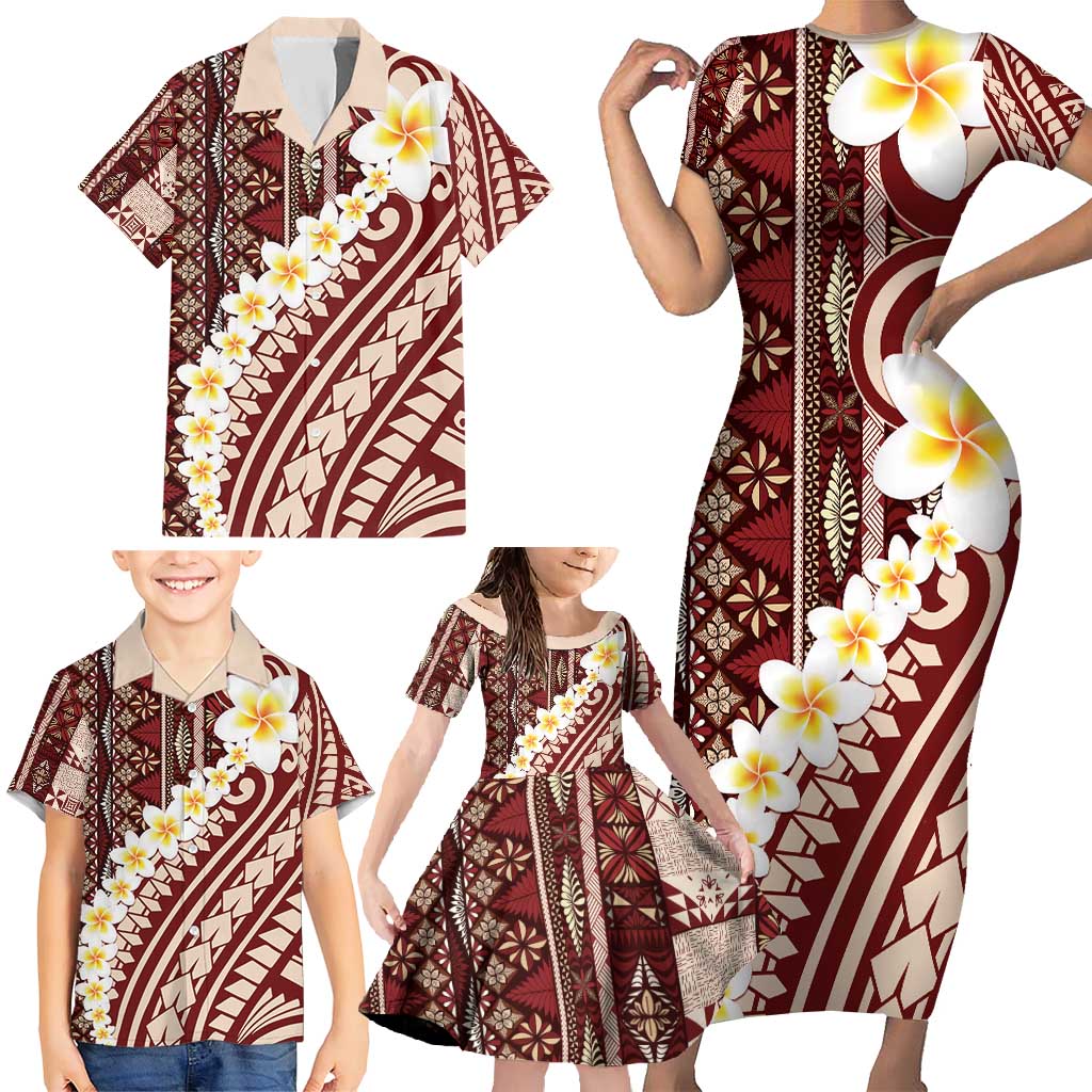 Red Vintage Tonga Ngatu Pattern With Plumeria Family Matching Short Sleeve Bodycon Dress and Hawaiian Shirt - Polynesian Pride