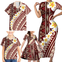 Red Vintage Tonga Ngatu Pattern With Plumeria Family Matching Short Sleeve Bodycon Dress and Hawaiian Shirt - Polynesian Pride