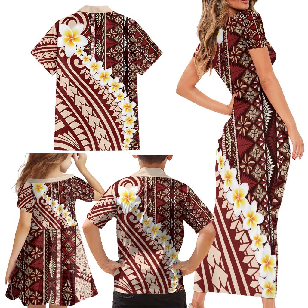 Red Vintage Tonga Ngatu Pattern With Plumeria Family Matching Short Sleeve Bodycon Dress and Hawaiian Shirt - Polynesian Pride