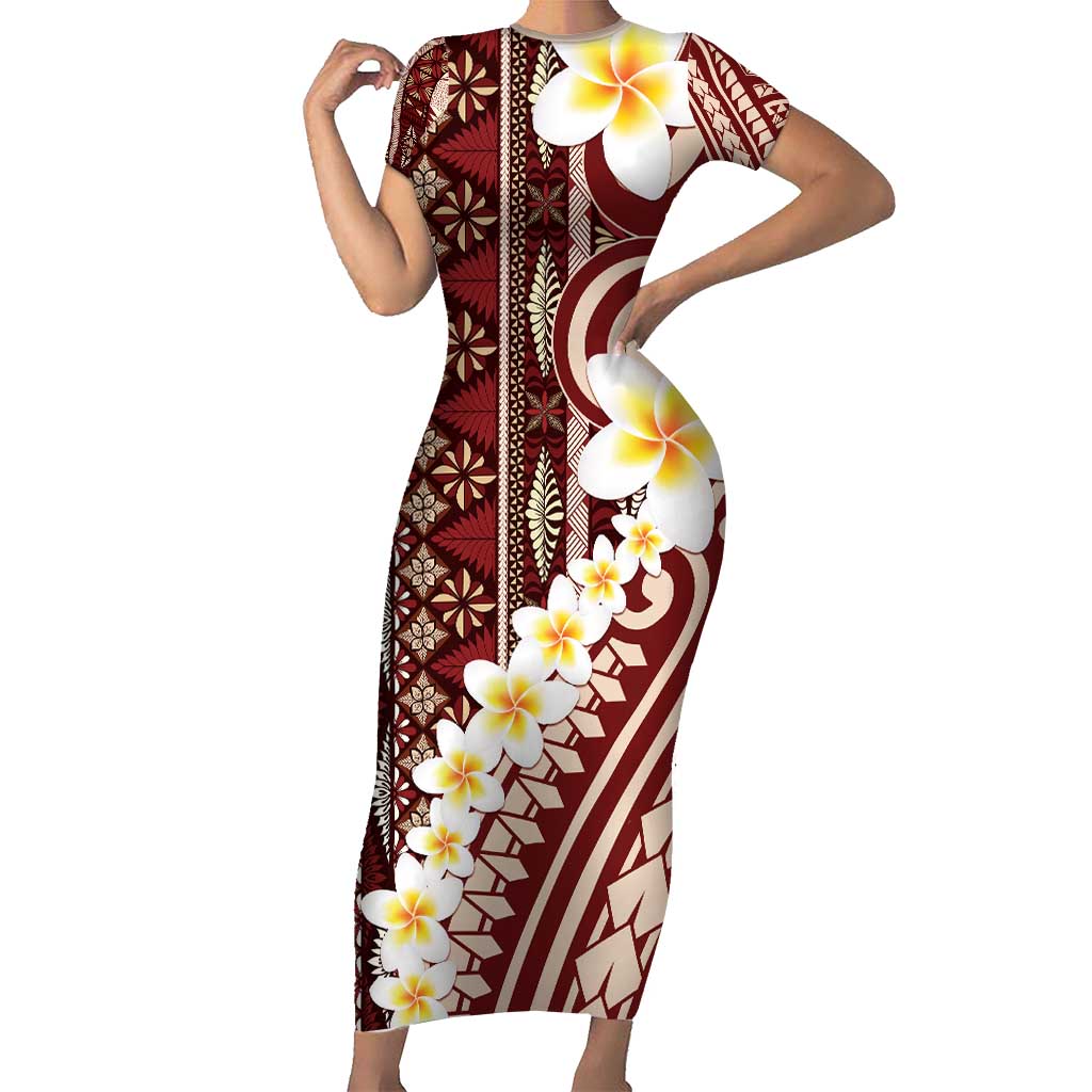 Red Vintage Tonga Ngatu Pattern With Plumeria Family Matching Short Sleeve Bodycon Dress and Hawaiian Shirt - Polynesian Pride