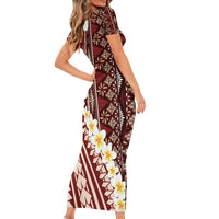 Red Vintage Tonga Ngatu Pattern With Plumeria Family Matching Short Sleeve Bodycon Dress and Hawaiian Shirt - Polynesian Pride