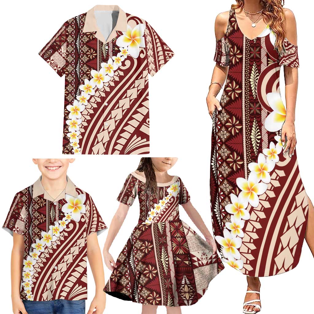 Red Vintage Tonga Ngatu Pattern With Plumeria Family Matching Summer Maxi Dress and Hawaiian Shirt - Polynesian Pride
