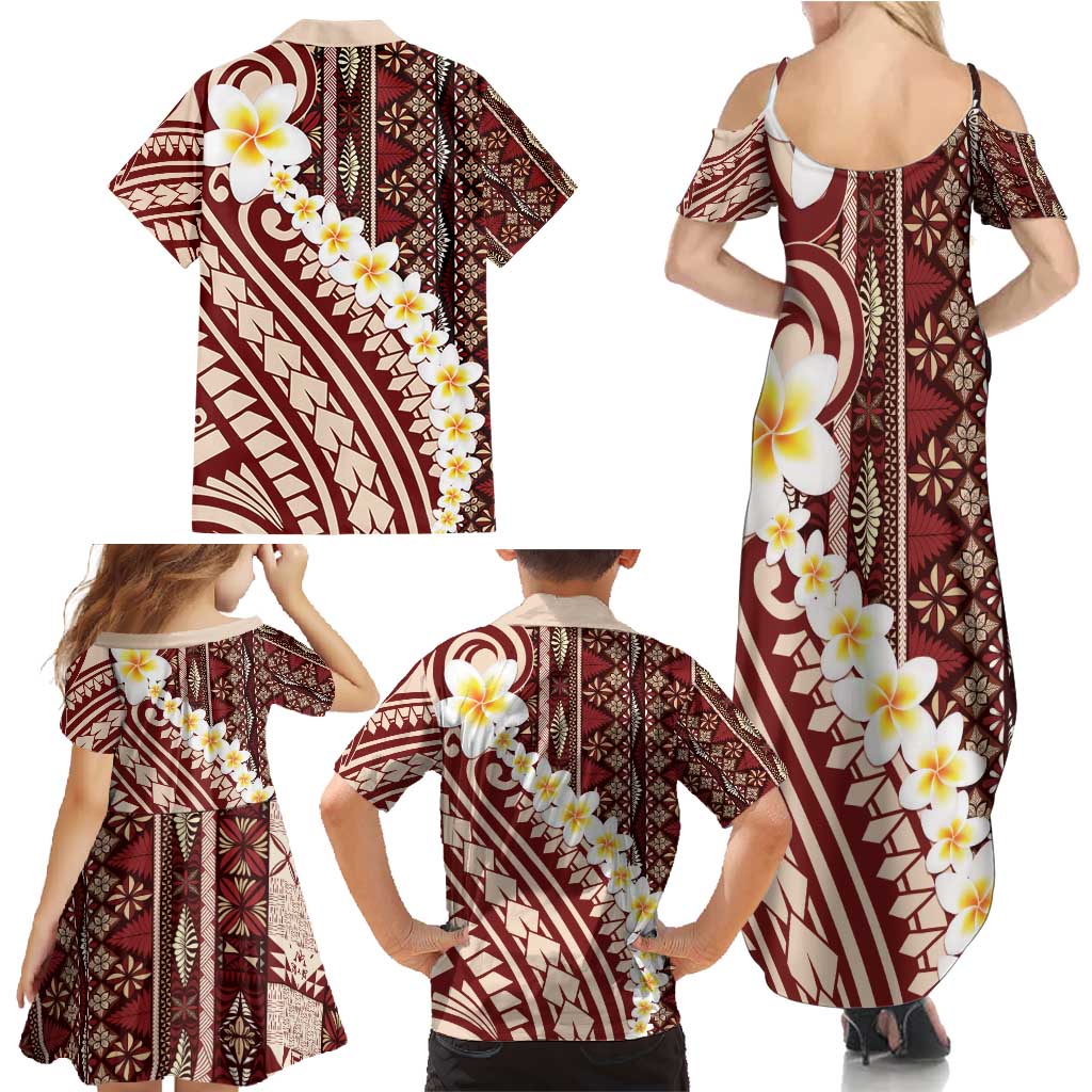 Red Vintage Tonga Ngatu Pattern With Plumeria Family Matching Summer Maxi Dress and Hawaiian Shirt - Polynesian Pride