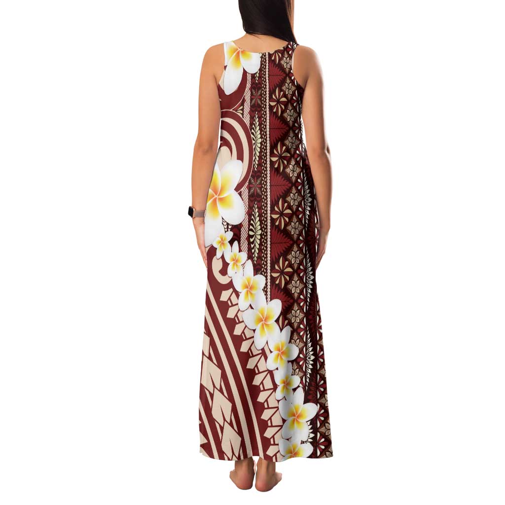 Red Vintage Tonga Ngatu Pattern With Plumeria Family Matching Tank Maxi Dress and Hawaiian Shirt - Polynesian Pride